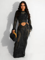 Women Clothing Sexy Handmade Knitted Beach Dress Hollow Out Cutout Out Mink Tassel Maxi Dress Bella Mia