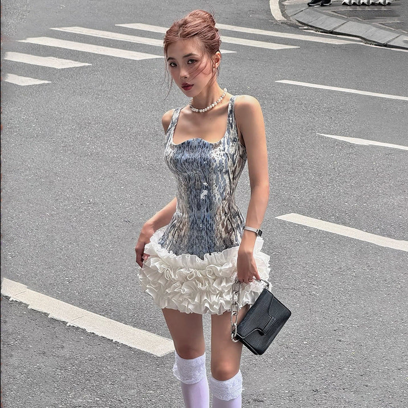 Women Clothing Fall Sexy Sling Sequin Contrast Color Slim Fit Dress Bella Mia