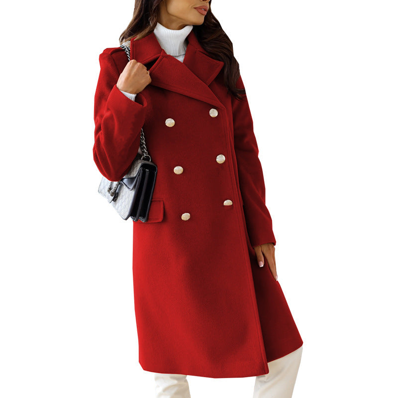Autumn Winter Simplicity Long Sleeve Collared Double Breasted Woolen Coat Women Clothing Bella Mia