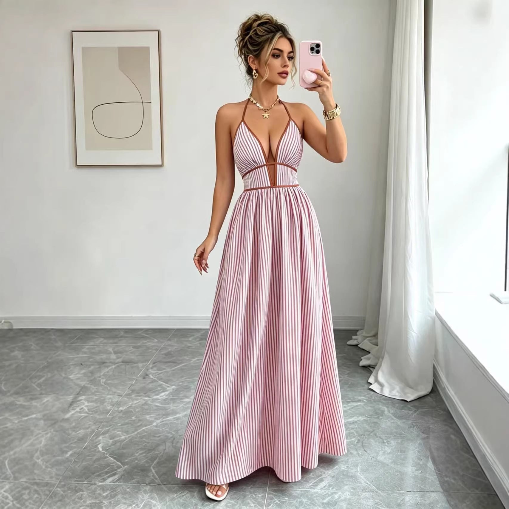 Casual Sleeveless Halter Fitted Waist Striped Color Matching Long Maxi Dress Bella Mia