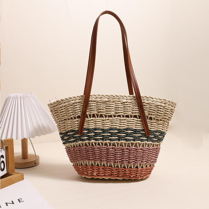 Colorful Striped Shoulder Straw Bag Large Capacity Straw Bag Woven Bag Rattan Women Bag Portable Vegetable Basket Bella Mia