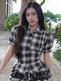 Korean Sweet Girl Preppy Plaid Puff Sleeve Shirt Irregular Asymmetric Hem Waist Slimming Single Breasted Cardigan Top Skirt Sets Bella Mia