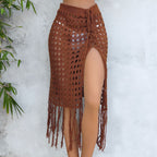 Women Clothing Sexy Cutout Woven Lace up Tassel Dress Split Beach Skirt Bella Mia