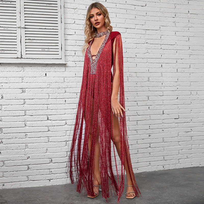 Sexy Deep V Plunge Luxury Rhinestone Tassel Dress Party High End Dinner Performance Dress Bella Mia
