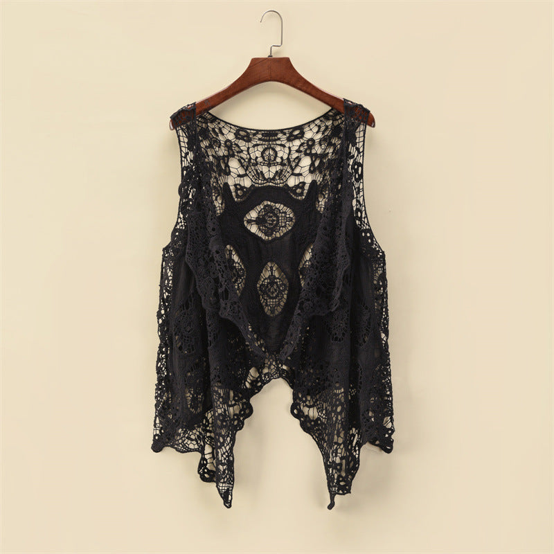 Women Summer Coat Thin Coat Sleeveless Lace Cardigan All Match Shawl Beachwear Sun Protection Clothing Women Hollow Out Cutout Shirt Bella Mia