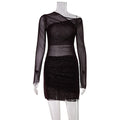 Winter Elegant Graceful Chest Cross Design Pleated Waist Tight Micro Transparent Slim Yarn Woven Hip Dress Bella Mia