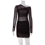 Winter Elegant Graceful Chest Cross Design Pleated Waist Tight Micro Transparent Slim Yarn Woven Hip Dress Bella Mia