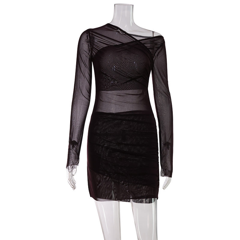 Winter Elegant Graceful Chest Cross Design Pleated Waist Tight Micro Transparent Slim Yarn Woven Hip Dress Bella Mia