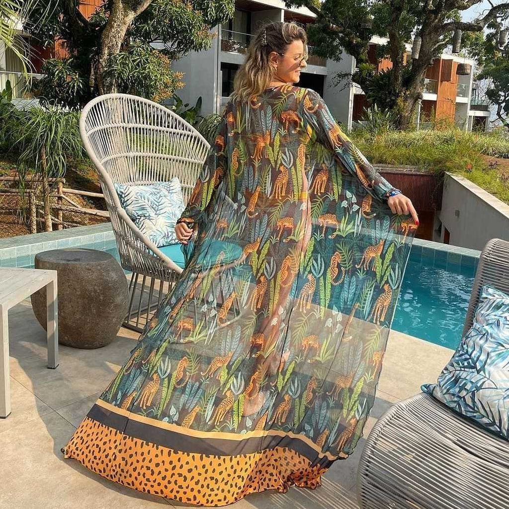 Stretch Mesh Long Sleeve Beach Cover Up Leopard Print Veils Beach Swimsuit Cardigan Long Bella Mia