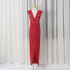Spring V neck Sleeveless Design Split Dress Tight Waist Slimming Metal Decorative Dress Women Bella Mia