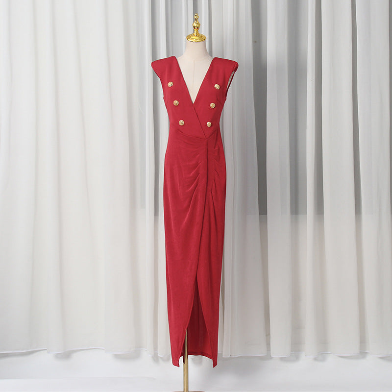 Spring V neck Sleeveless Design Split Dress Tight Waist Slimming Metal Decorative Dress Women Bella Mia