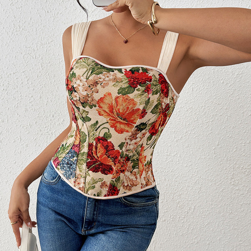 Retro Printed French Boning Corset Slimming Corset Outer Wear Inner Wear Vest Top Sling Bella Mia