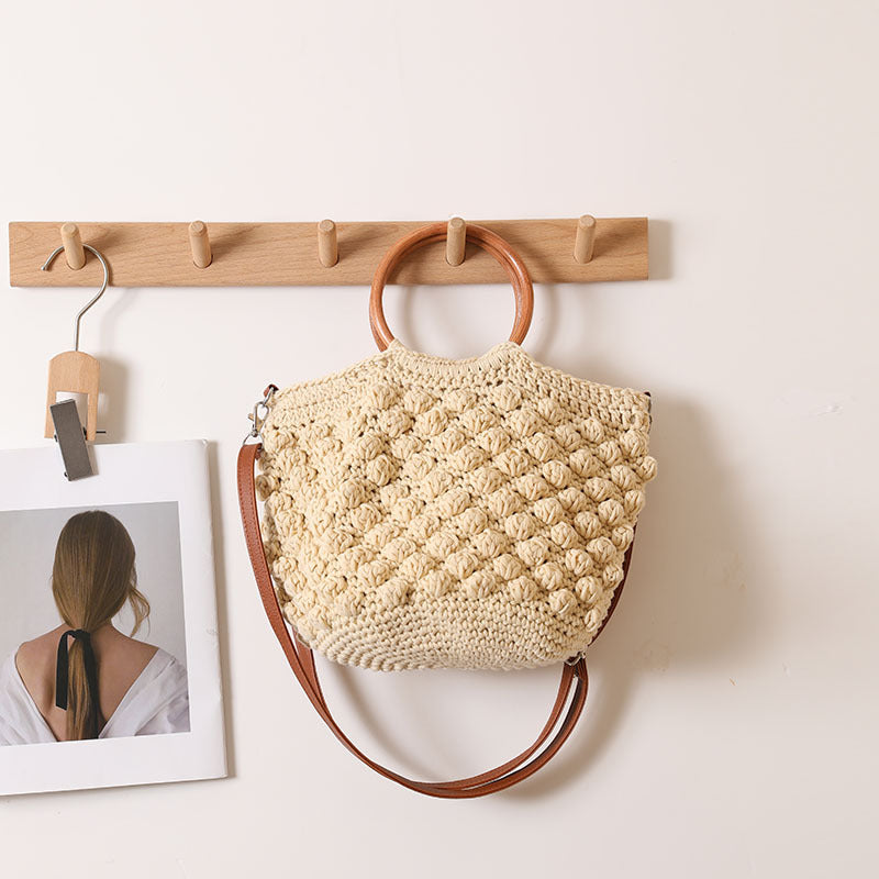 Beanie Crossbody Straw Bag Wooden Ring Portable Straw Bag Woven Bag Vacation Beach Bag Women Bag Bella Mia