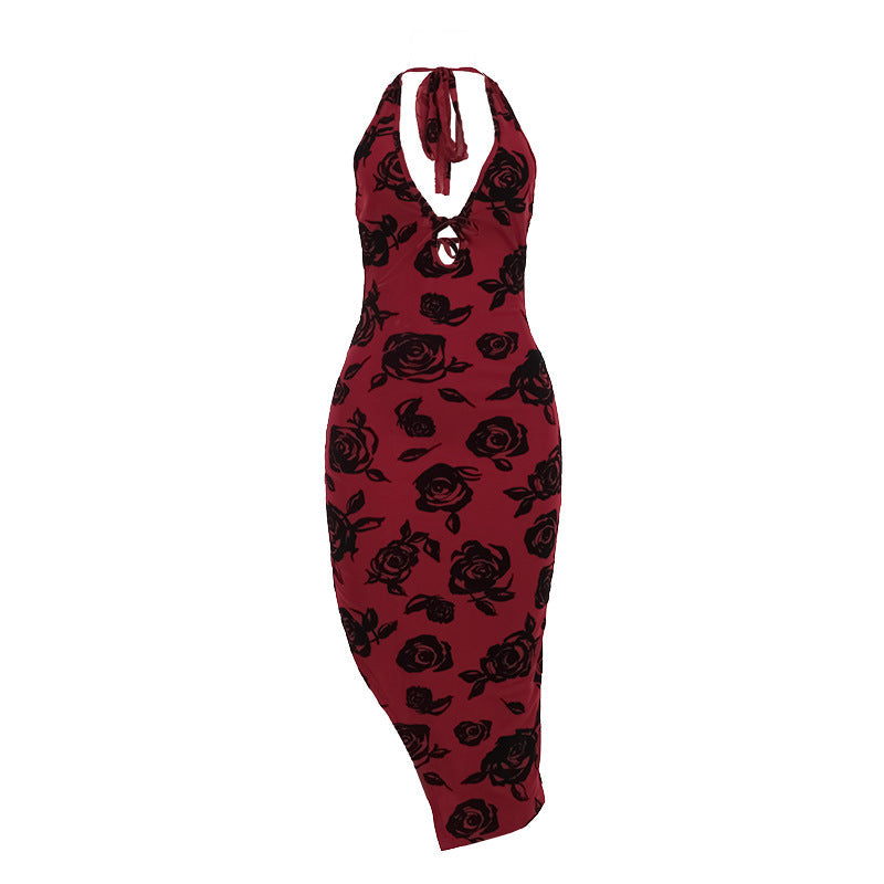 Summer Elegant Slim Floral Flocking Sexy Halter Dress Women Bella Mia