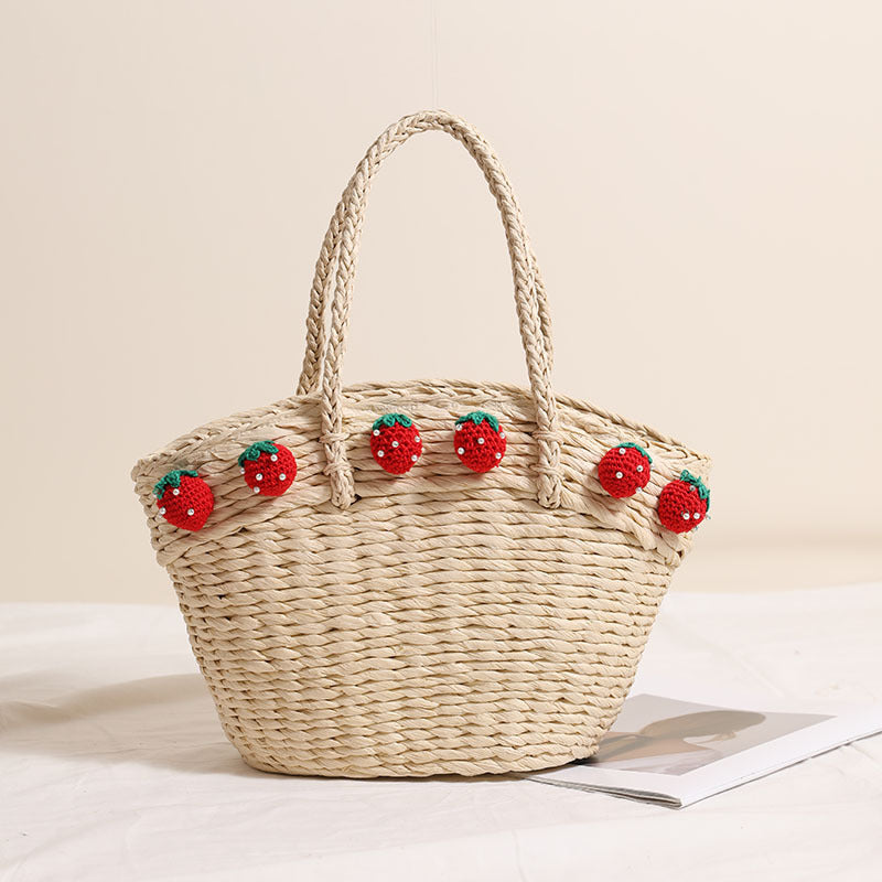 Cute Strawberry Portable Vegetable Basket Bag Hand Carrying Large Capacity Straw Bag Vacation Beach Bag Hand Woven Bag Bella Mia
