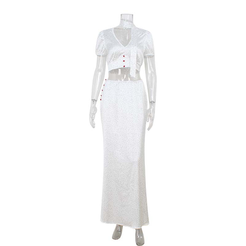 Elegant High Grade Polka Dot Satin Fishtail Skirt Skirt V neck Short Top Sexy Two Piece Sets Bella Mia