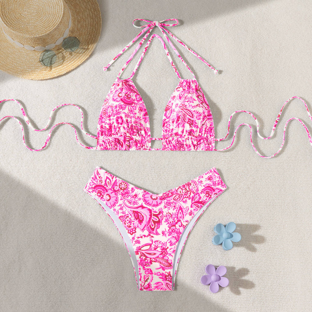 Solid Color Lace Up Adjustable Halter Top Sexy V Shaped Bottom Bikini Bella Mia