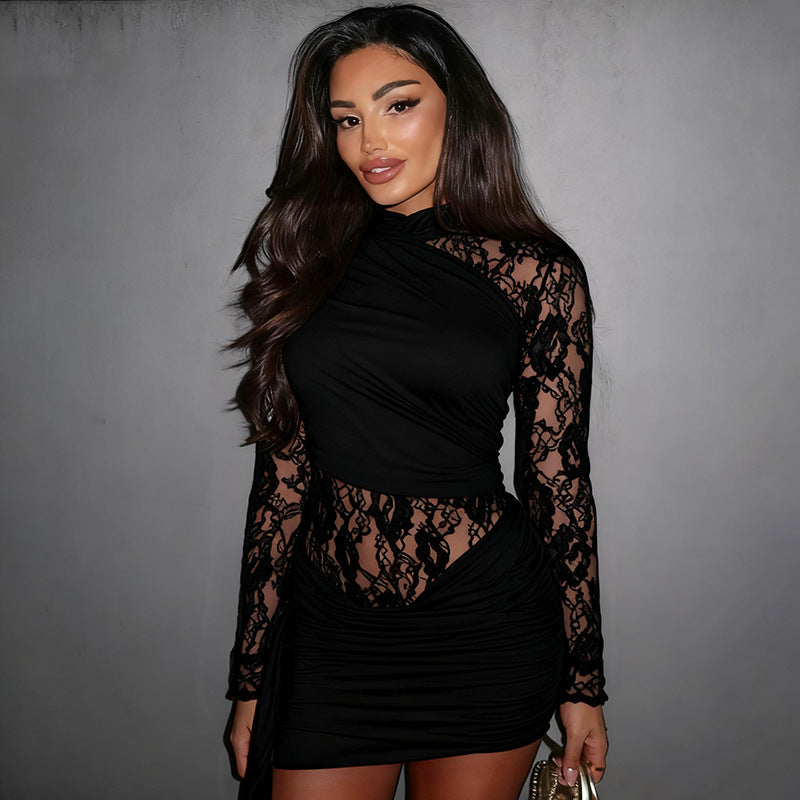 Women Clothing Autumn Winter Solid Color Stitching Lace round Neck Slim Fit Long Sleeved Ribbon Short Dress Bella Mia