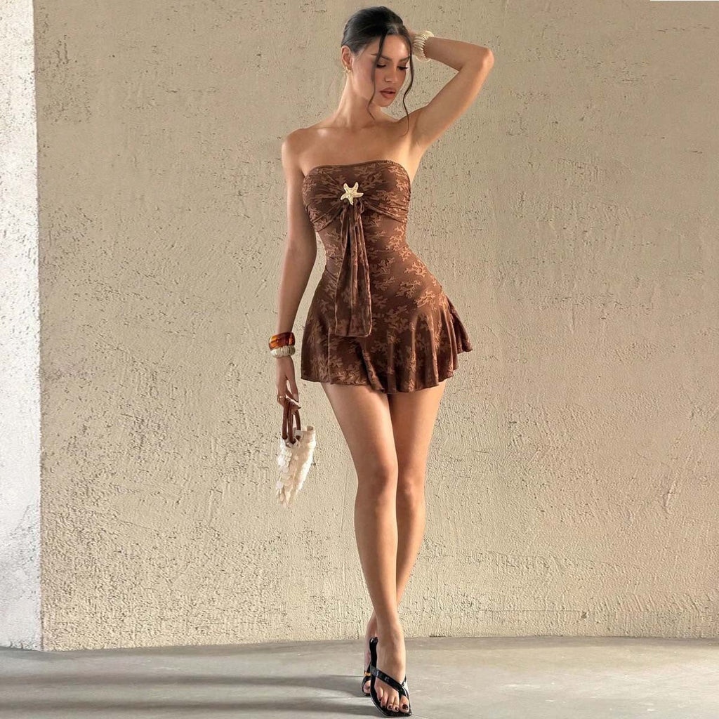 Design Vintage Texture Sexy Waist Controlled Tube Top Dress Women