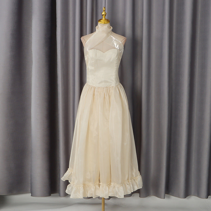 Graceful Tube Top Formal Dress Halter Slim Fit Slimming Pleated Tie Solid Color Dress Women
