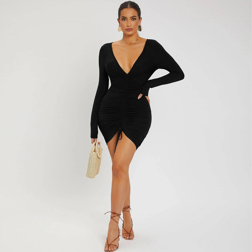 Women Clothing Autumn Winter Sexy V-neck Drawstring Tight Waist Sheath Knitted Long-Sleeved Dress Bella Mia