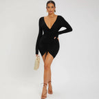 Women Clothing Autumn Winter Sexy V-neck Drawstring Tight Waist Sheath Knitted Long-Sleeved Dress Bella Mia
