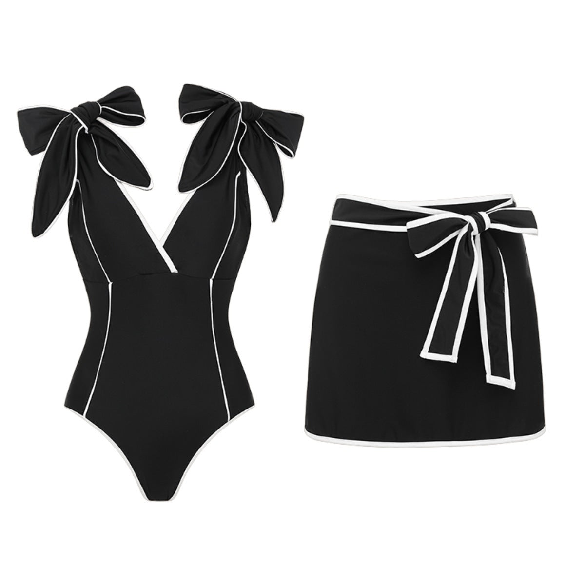 Swimsuit Black White Color Matching Sweet Girl Bow Swimsuit Women White Skirt Bella Mia