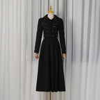 Spring Elegant Pleated Slim Maxi Dress Solid Color Beaded Collared Long Sleeve Two Piece Sets Women Bella Mia