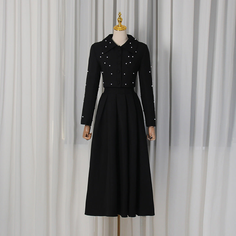 Spring Elegant Pleated Slim Maxi Dress Solid Color Beaded Collared Long Sleeve Two Piece Sets Women Bella Mia