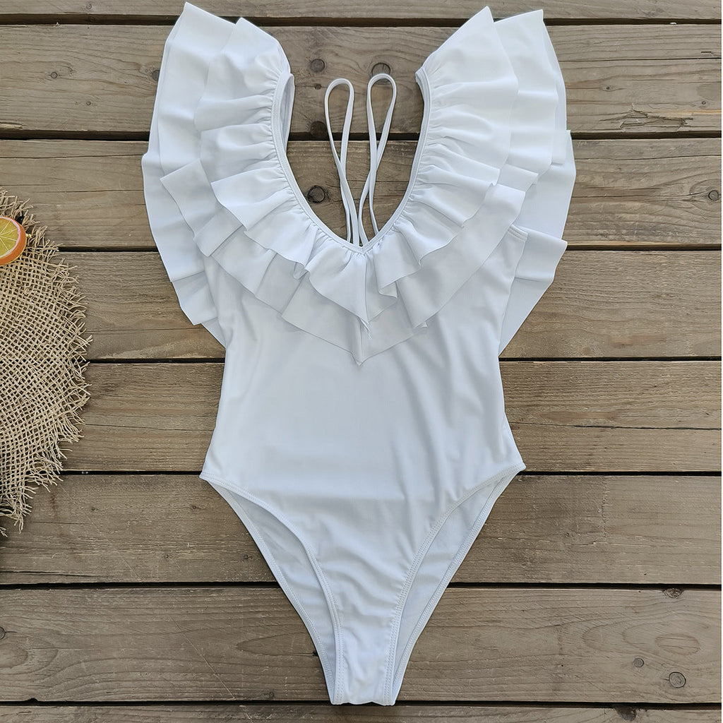 Solid Color Double Layer Ruffled Deep V Plunge Spaghetti Straps One Piece Swimsuit Women Swimsuit Bella Mia