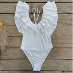 Solid Color Double Layer Ruffled Deep V Plunge Spaghetti Straps One Piece Swimsuit Women Swimsuit Bella Mia