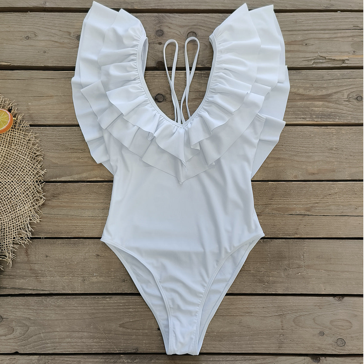 Solid Color Double Layer Ruffled Deep V Plunge Spaghetti Straps One Piece Swimsuit Women Swimsuit Bella Mia