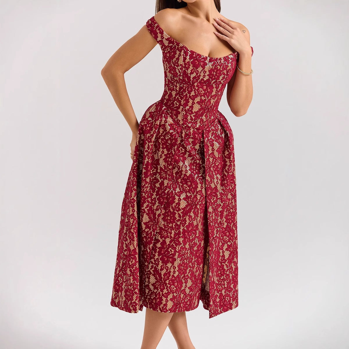 Spring Summer Women Clothing Fashionable off Shoulder Backless Slim Fit Waist Trimming Printing Dress Women Bella Mia