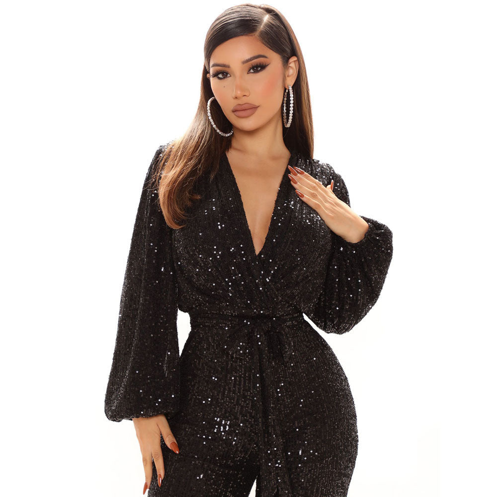 Fall High-End Women Sequ Deep V-neck Long Sleeve Jumpsuit Jumpsuit Trousers Bella Mia
