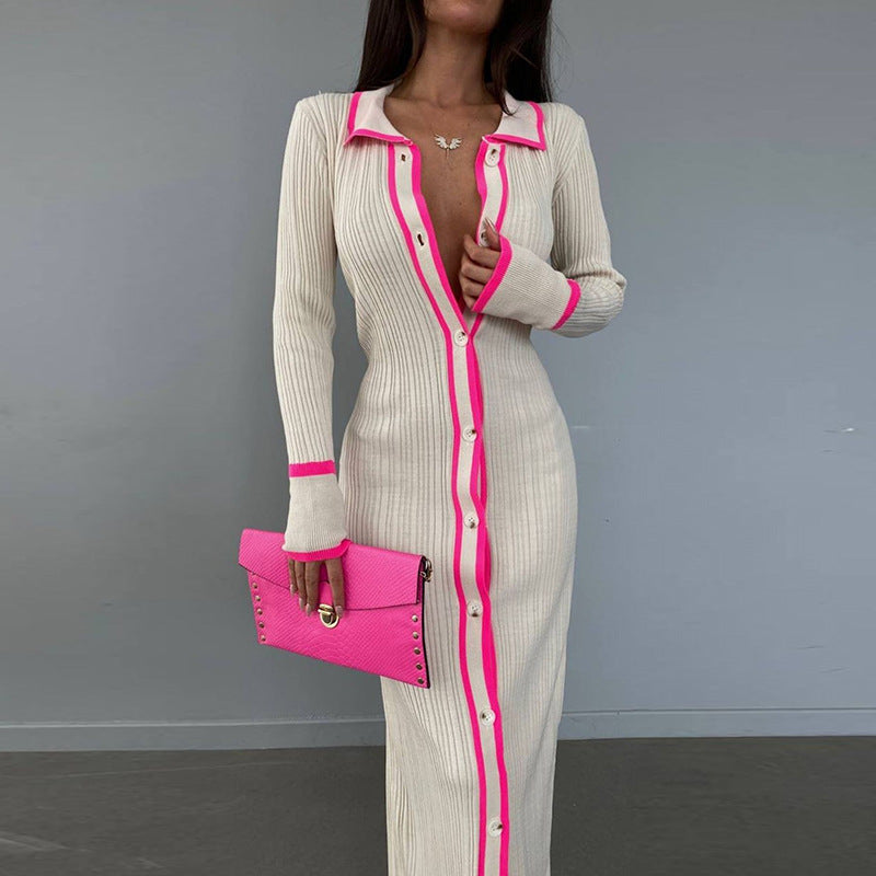 Slim Collared Patchwork Women Long Sleeved Cardigan Dress Bella Mia