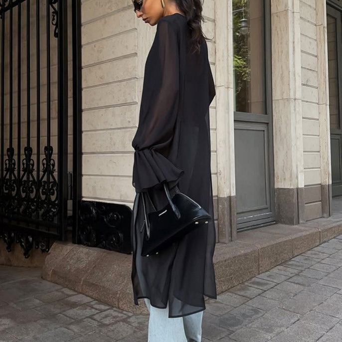 Chiffon Shirt Women Black Mesh Irregular Asymmetric Niche Design round Neck Ruffle Sleeve Long Sleeve Top Bella Mia