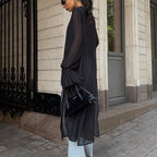 Chiffon Shirt Women Black Mesh Irregular Asymmetric Niche Design round Neck Ruffle Sleeve Long Sleeve Top Bella Mia