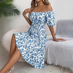Spring Summer Floral Square Collar Short Sleeve Waist Controlled Ruffled A line Women Clothing Bella Mia