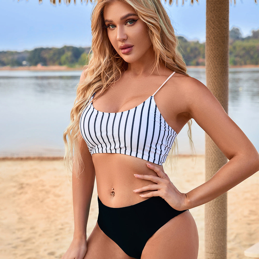 Swimwear Women High Waist Split Bikini Tight Swimsuit Striped Beach Vacation Bikini Bella Mia