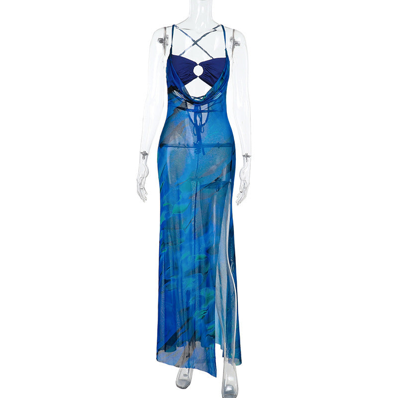 Sexy Print Swing Collar Split Sling Dress Summer Women Clothing Bella Mia