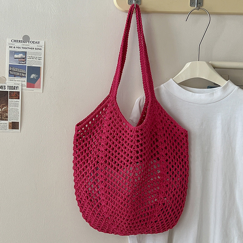 Casual Large Capacity Cotton Thread Woven Bag Hollow Out Cutout Straw Bag Idle Shoulder Bag Vacation Beach Bag Women Bag Bella Mia