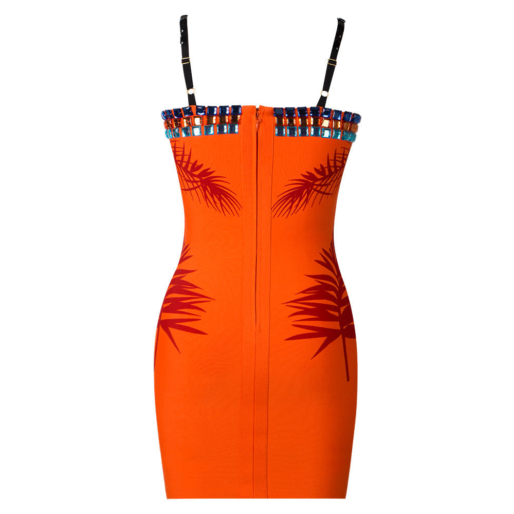 Star Sexy Heavy Industry Beads Printed Mesh V neck Strap Tube Top Backless Bandage One Piece Dress Bella Mia