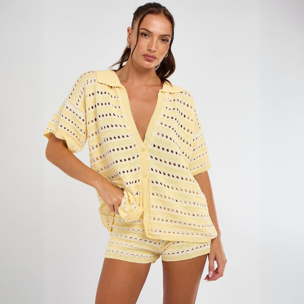 Solid Color Sexy Knitted Beach Bikini Swimsuit Blouse Sun Proof Set Women