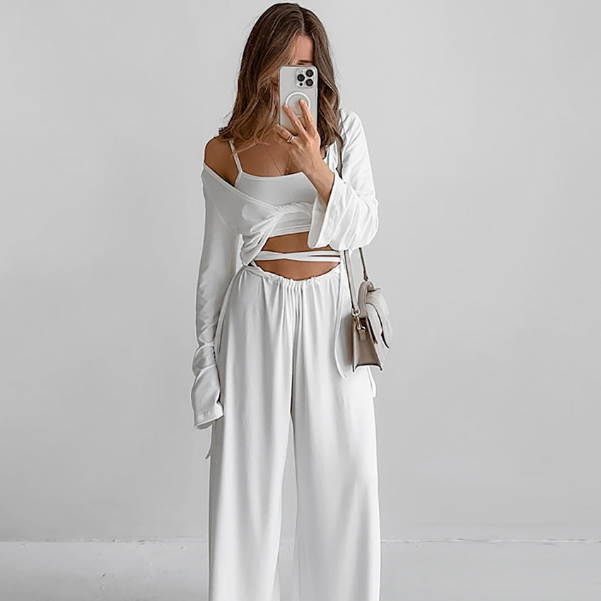 Suspender Top Trousers Long Sleeve Three Piece Set Comfortable Pajamas Autumn Knit Casual Homewear Bella Mia
