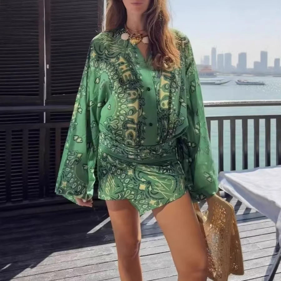 Summer Green Paisley Printed V neck Bell Sleeve Irregular Asymmetric Hem Vacation Dress Women