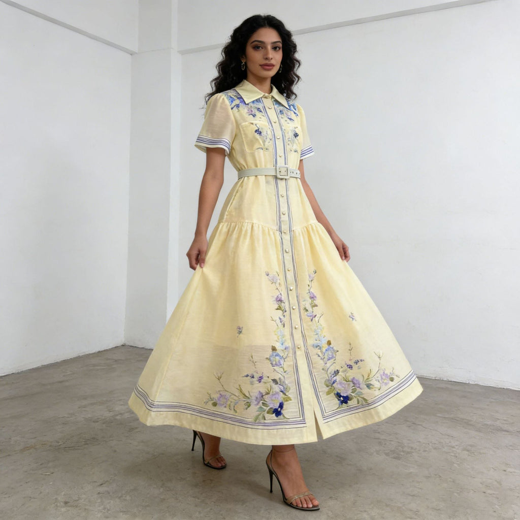Royal Collared Single Breasted Maxi Dress Elegant Vintage Print Lace up Waist Dress Women