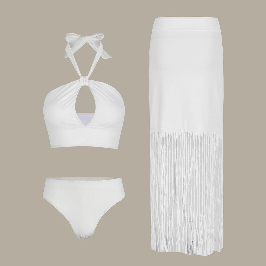 Solid Color High Waist Bikini Split Swimsuit Women Three Piece Set Tassel Skirt Swimsuit Bella Mia
