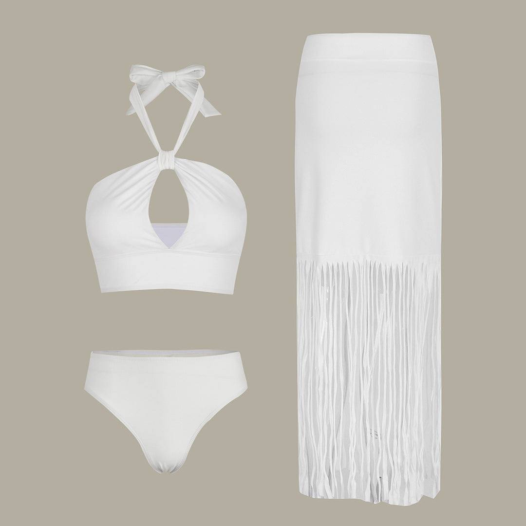Solid Color High Waist Bikini Split Swimsuit Women Three Piece Set Tassel Skirt Swimsuit Bella Mia