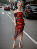 Summer Hip Fantasy Red off Neck Split Wavy Edge Sexy Mesh Dress Women Bella Mia