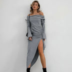 Sunken Stripe Sexy off Neck Slim Fit Sheath Split Flare Sleeve Dress Autumn Long Women Bella Mia